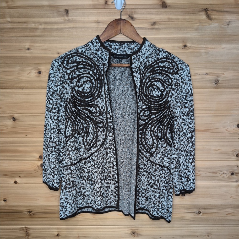 Ming Wang PXL brown White Scroll Embroidered Open Front Knit Jacket Cardigan